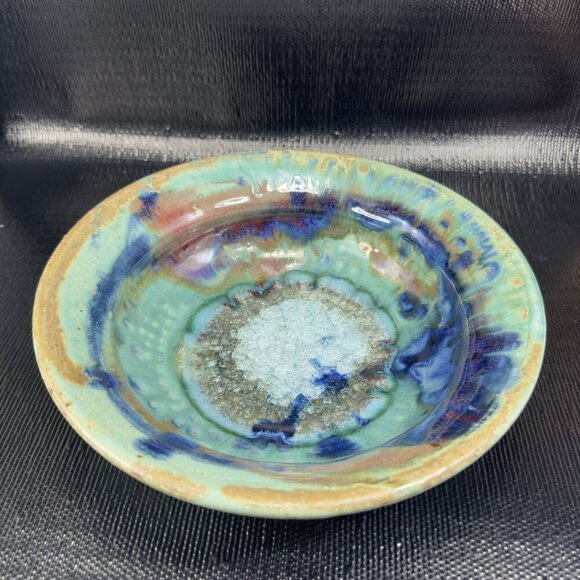 1980s Hand Made Pottery Dish Bowl Large Crystalline Glaze 8inch Recycle Center - Picture 9 of 14